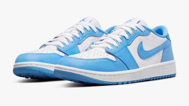 Blue and white Jordan golf shoes.